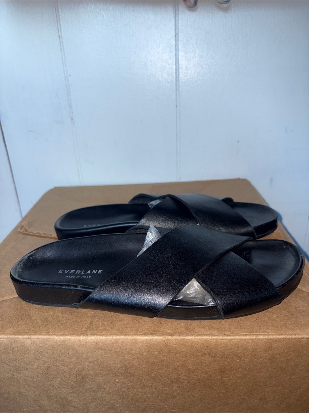 Everlane Black Leather Crisscross Slide Sandals size 11